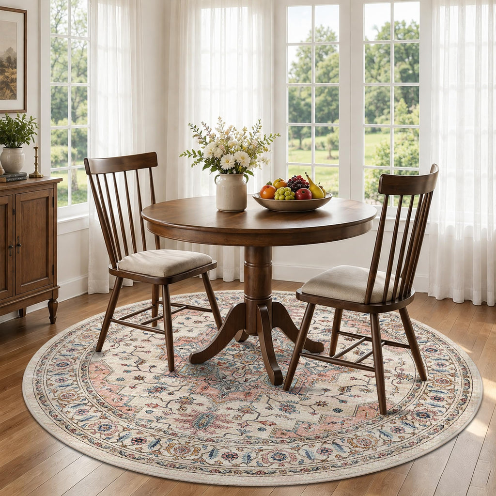 6ft Round Rug Low Pile Washable Vintage Circle Rug Indoor Carpet