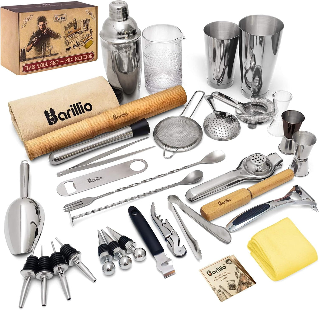 Bar Tool Set Pro Edition Bundle w/Bamboo Bar Tool Stand - 33-Pc Bar Set Essentials - Stainless-Steel Cocktail Shaker - Set of 32