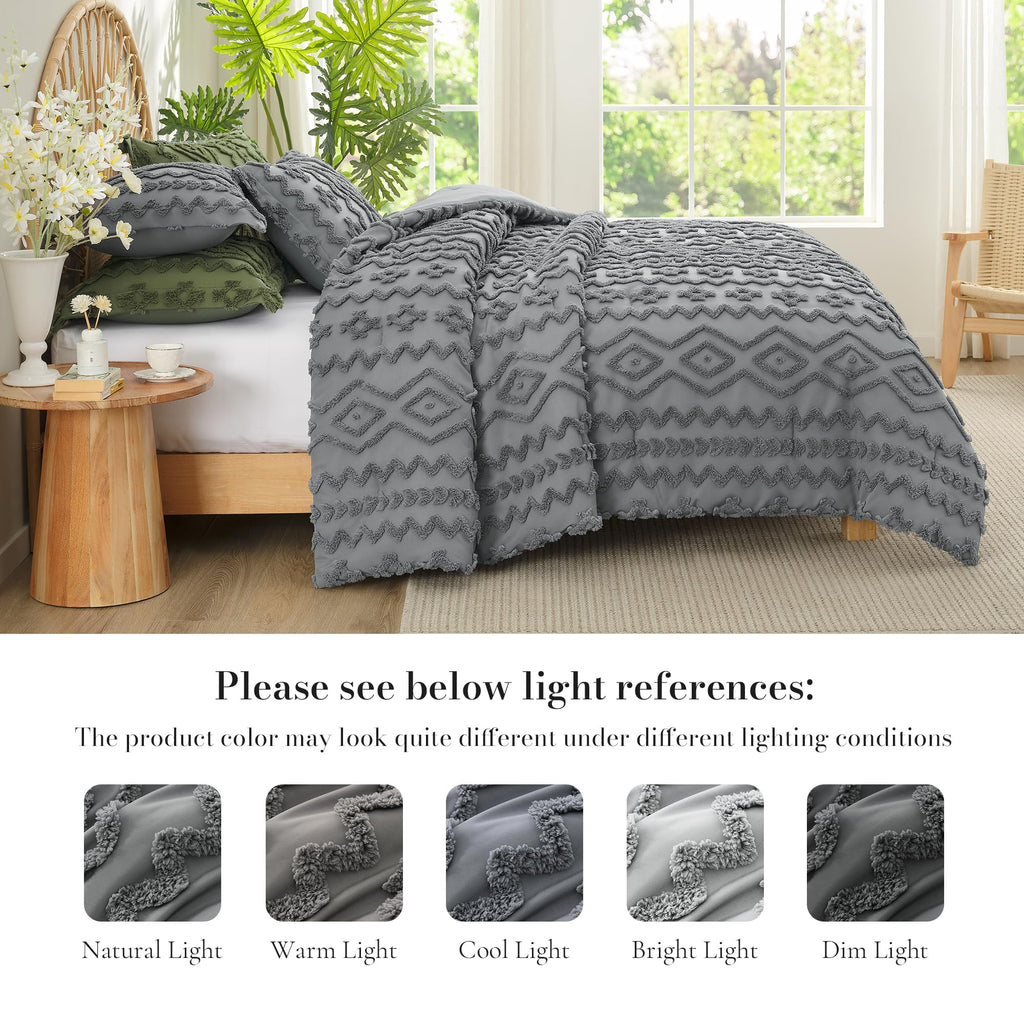 Tufted Boho Comforter Set Queen Size, 3 Pieces Soft Textured Bed Set, Lightweight Breathable Comforter for All