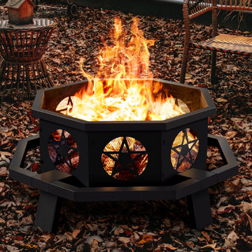 43 inch Fire Pit, Outdoor Fire Pits with Cooking Grill, Wood Burning Fire Pits for Outside, Octagonal Heavy Duty