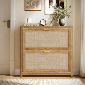 Boho Shoe Storage Cabinet, Slim, Rattan-Look Flip Drawers