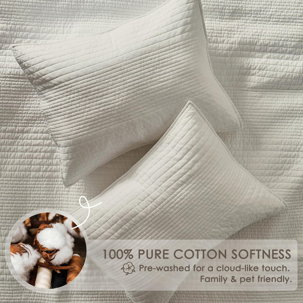 Striped Beige 100% Cotton Quilt King Bedding Sets, Lightweight Crinkly Channel Pick Stitch Textured Bedspread Soft