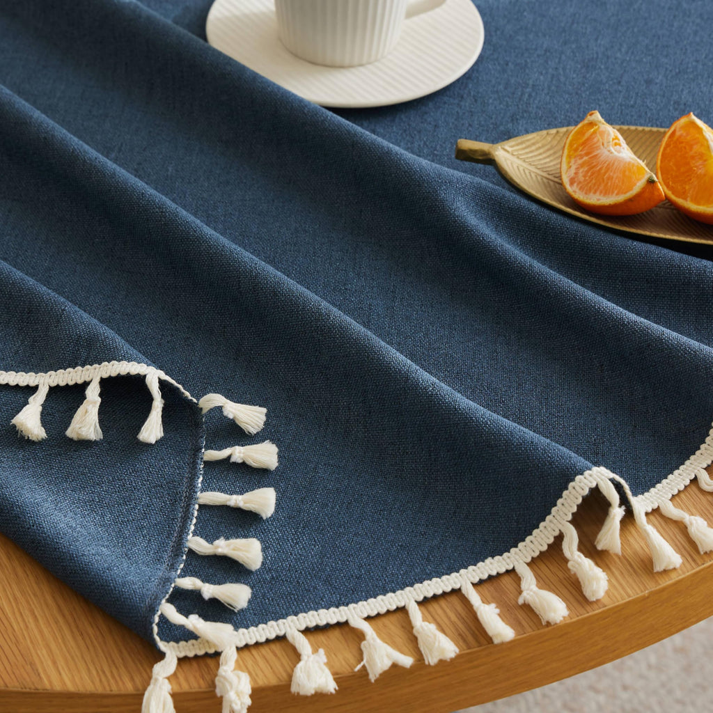 Tassel Linen Round Table Cloth, Navy 60 Inch