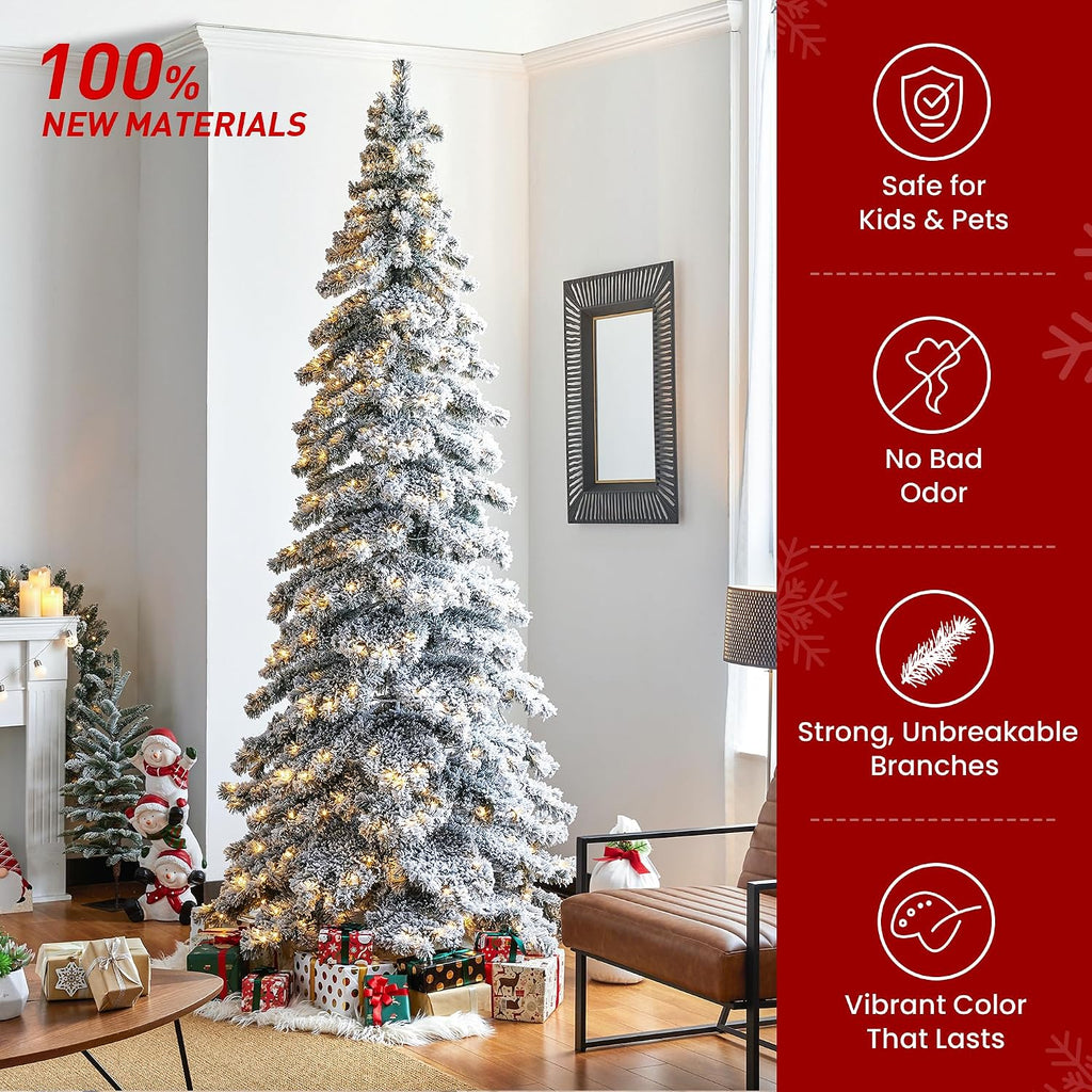 Flocked Christmas Tree PreLit Artificial Tree with 500 Warm White Lights Slim Elegant Snowfall Layered Spruce