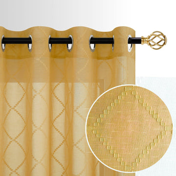 Gold Yellow Grommet Sheer Curtains 63 Inch Length 2 Panels Set Mid Century Modern Boho Geometric Diamond Embroidered