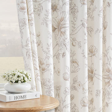 Light Brown Floral Linen Pleated Curtains 84 Inch Long for Bedroom Light Filtering Farmhouse Vintage Peony Lily