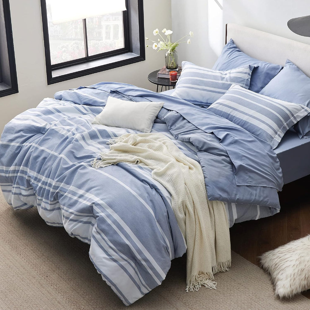 Queen Comforter Set 7 Pieces, Blue Striped Bedding Set for All Seasons, Reversible