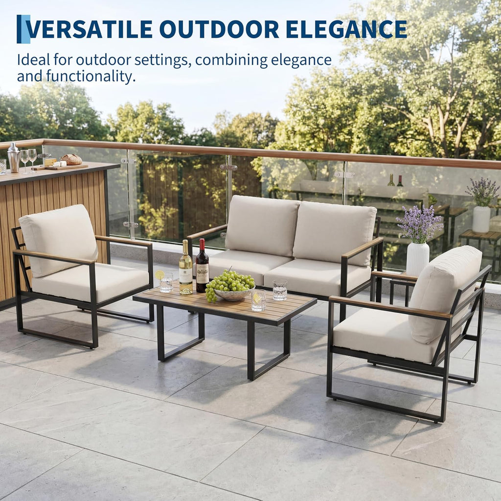 4-Piece Aluminum Patio Furniture Set with Coffee Table, Outdoor Sectional Conversation Set with Washable