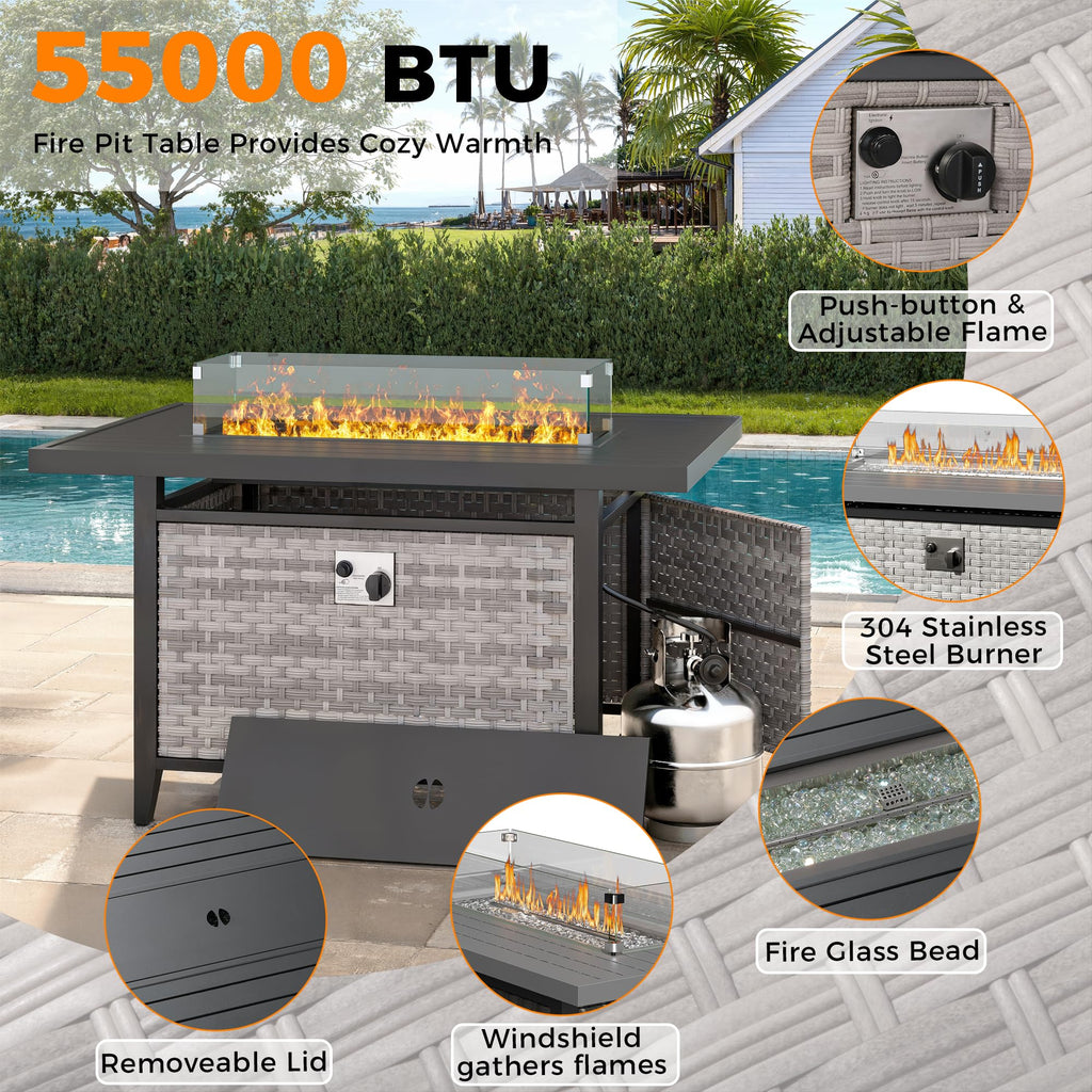 6-Seat Modern Outdoor Wicker Rattan Patio Furniture Set with 55, 000 BTU Fire Pit Table, Thick 4′′ Cushions