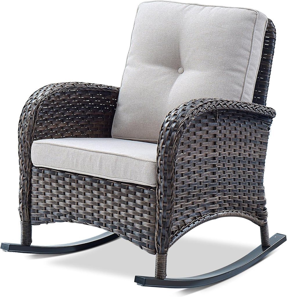 Patio Rocking Chair Wicker Chair, 1 Piece Outdoor Rocking Chair Seating with Cushions for Porch Deck Balcony