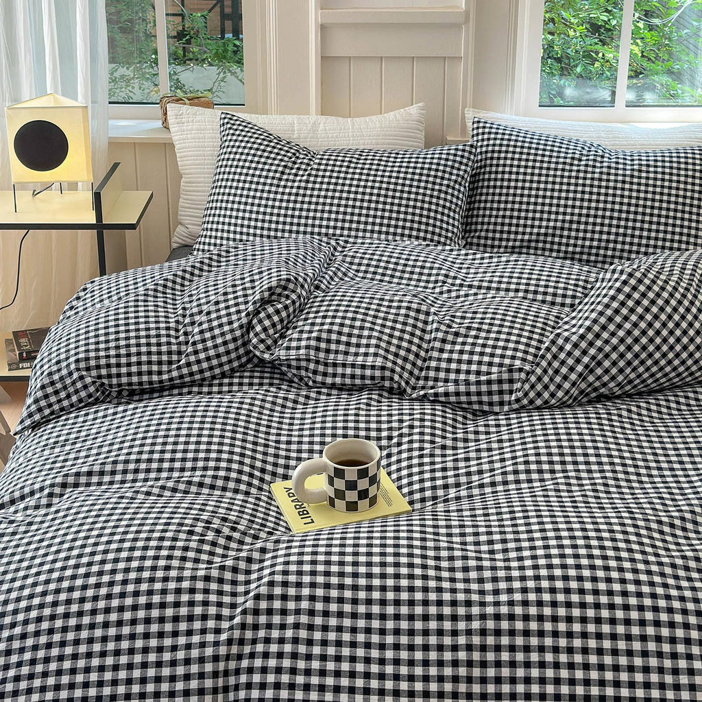 Black Gingham Comforter Full Size Boho Plaid Checkered Pattern Comforter Geometric Grid Plaid Printed Bedding