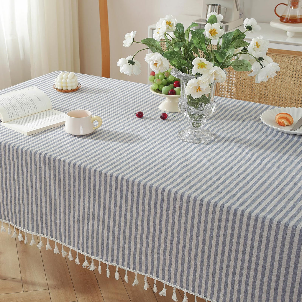 Table Cloth Blue Striped Tablecloth Tassels Cotton Linen Dust-Proof Table Cover for Dining Coffee Buffet Kitchen