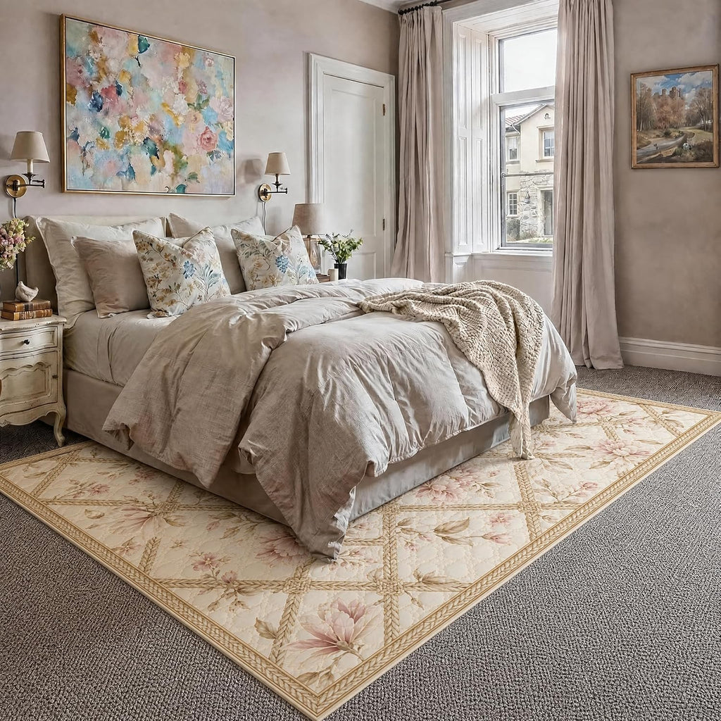 Beige Cream Checkered Floral Area Rug 5'x7' for Girls Bedroom Living Room