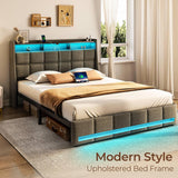 Full Bed Frame with LED Lights and Charging Station, Upholstered Headboard with 2-Tier Storage Shelves