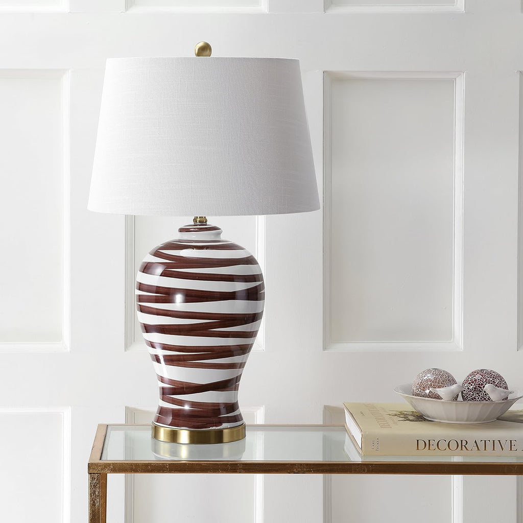 29" Brown/White Ceramic Table Lamp Bedroom Office, Modern Coastal Bedside Lamp with White Linen Shade