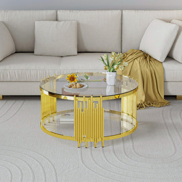 35.4" Luxury Gold Coffee Table with Glass Tabletop & Gold Base