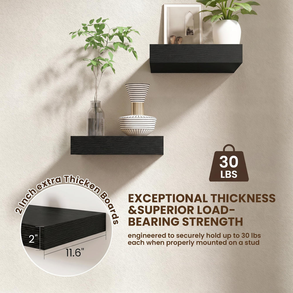12 Inch Deep Floating Shelves, 12'' x 12'' Black Shelves Set of 2