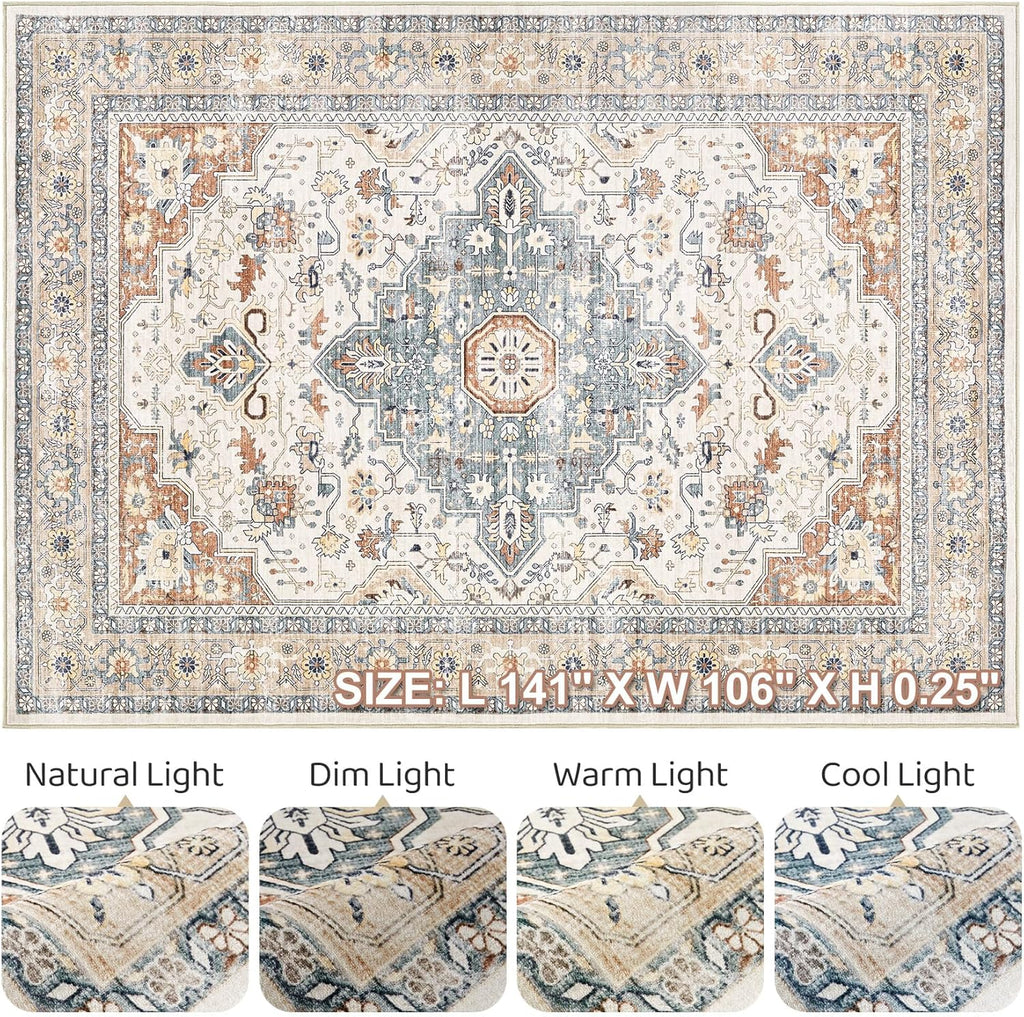 9x12 Area Rug Living Room: Washable Boho Large Neutral Vintage Soft Rugs Stain Resistant Distressed Farmhouse