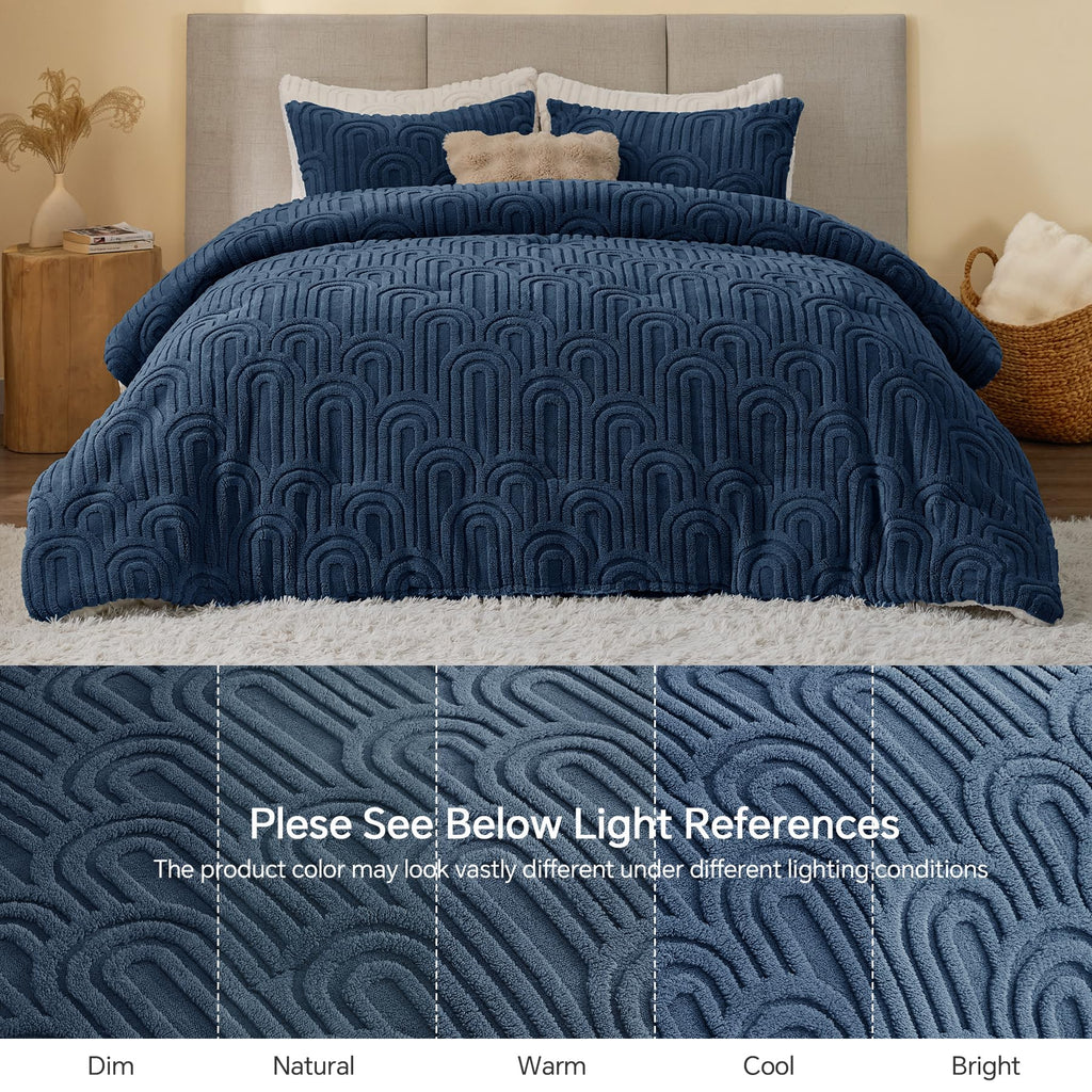 Arch Sherpa Comforter Set, Warm & Fluffy Bed Set, Navy