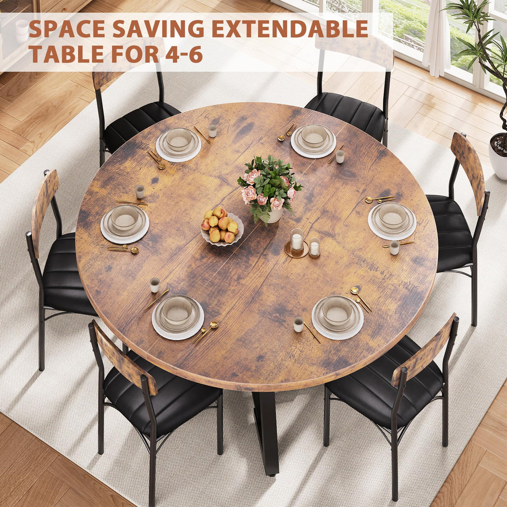 43''-57'' Extendable Round Dining Table for 4-6, Modern Industrial Kitchen Oval Dining Table with Removable Leaves