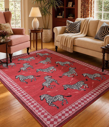 Red Zebra Area Rugs, Washable Animal Print Rug with Checkered Border, Non-Slip Low Pile Mid-Century Modern Carpet