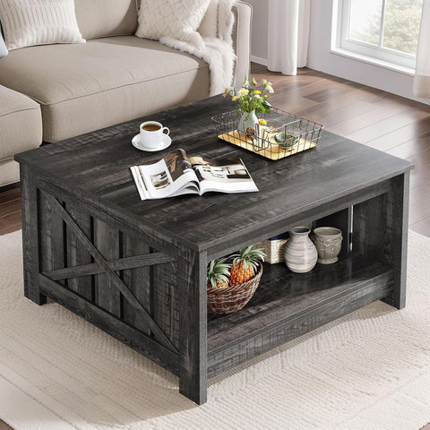 Square Coffee Tables Farmhouse Coffee Table with Storage, 2-Tier Wood Center Table with Half Open Storage Compartment
