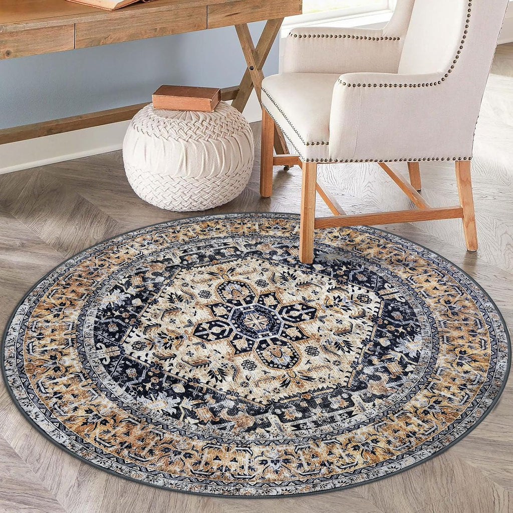 Round Rug 6 Ft Rugs for Entryway Washable Circle Rug Non Slip Round Living Room Rugs Printed Faux Wo