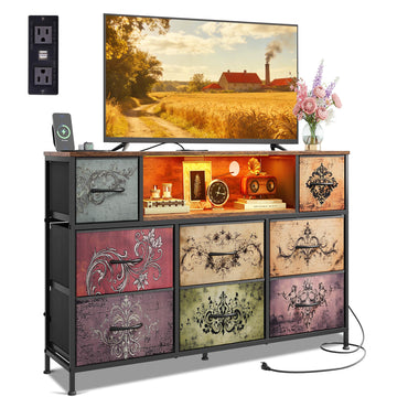 LED TV Stand for 55 Inch TV, 8 Fabric Drawers, Vintage