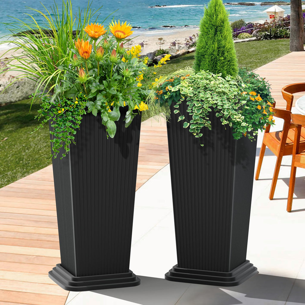 Set of 2 Tall Planters for Outdoor Plants, Black Ribbed
