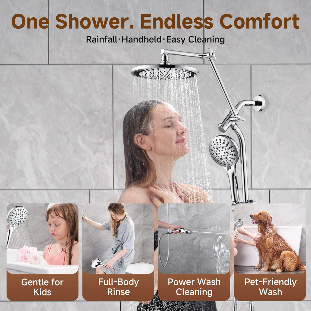 Rain Shower System with Handheld, High Pressure Dual Shower Head Combo, 9-Spray Modes, Adjustable Slide Bar &