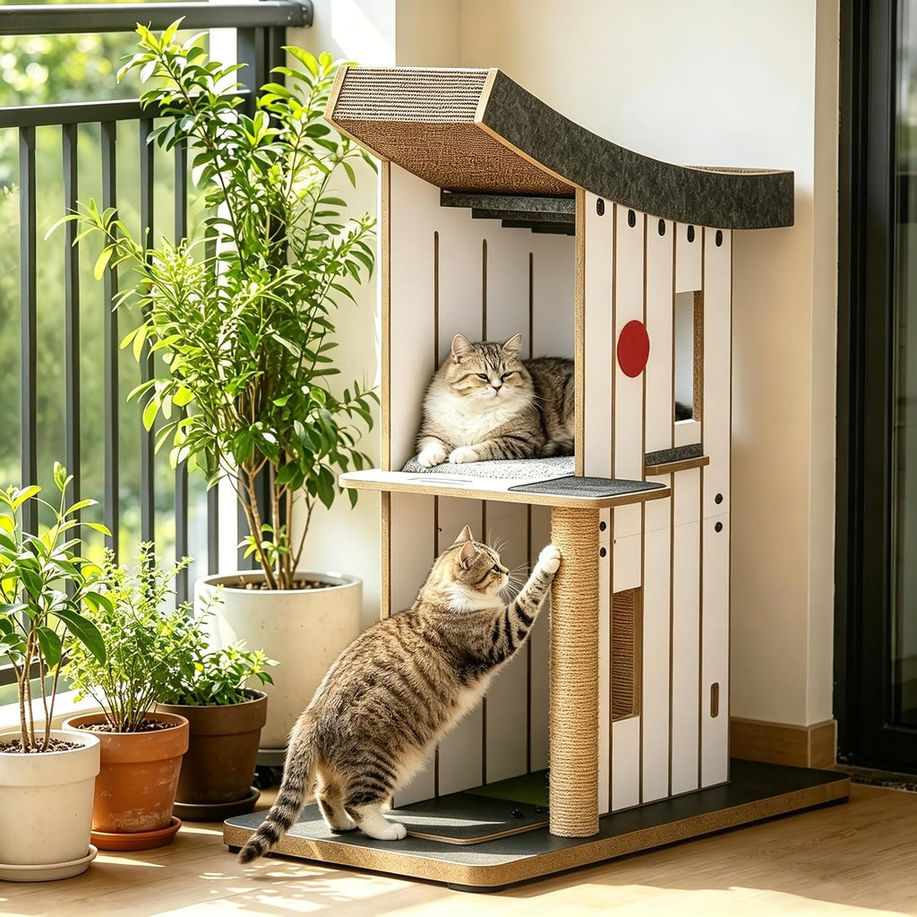 Cat Tree Tower with Scratching Post, Curved Roof