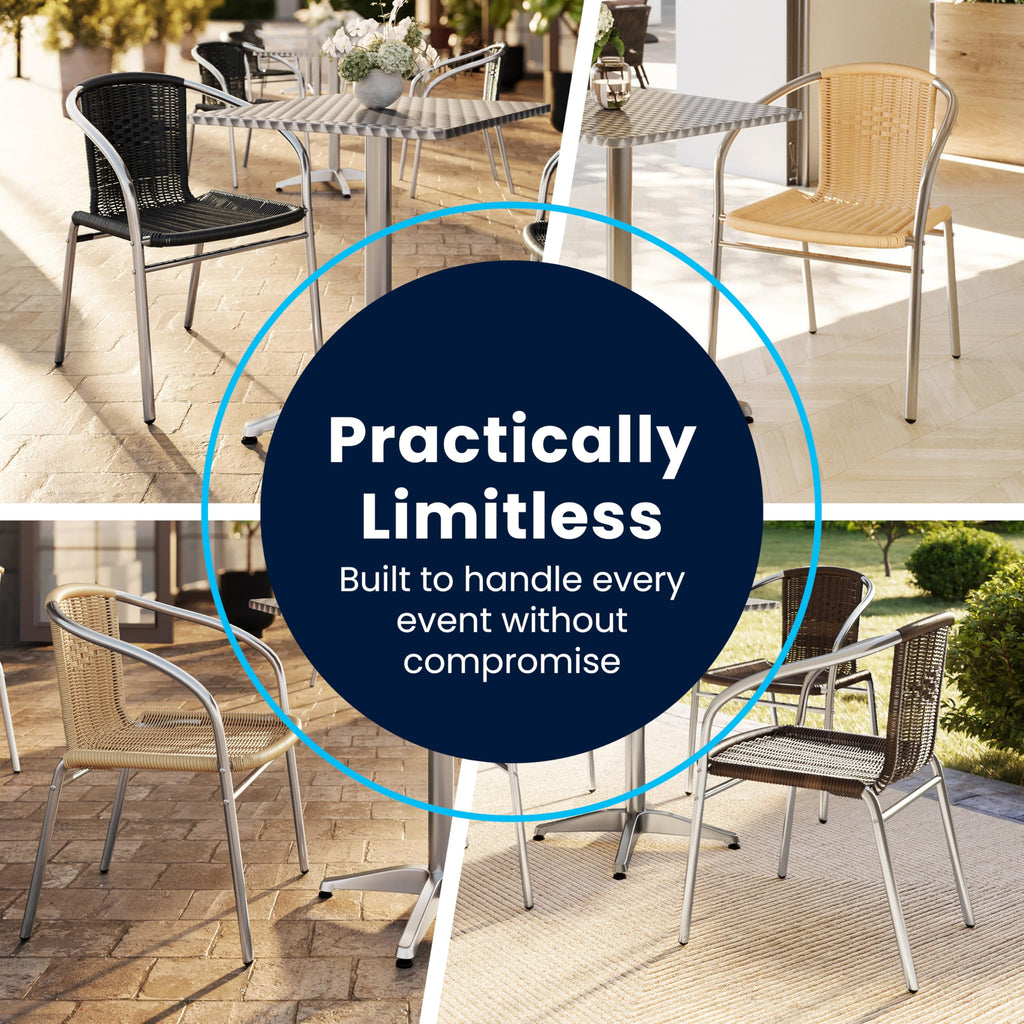 Lila 4 Pack Commercial Aluminum and Black Rattan Indoor-Outdoor Restaurant Stack Chair