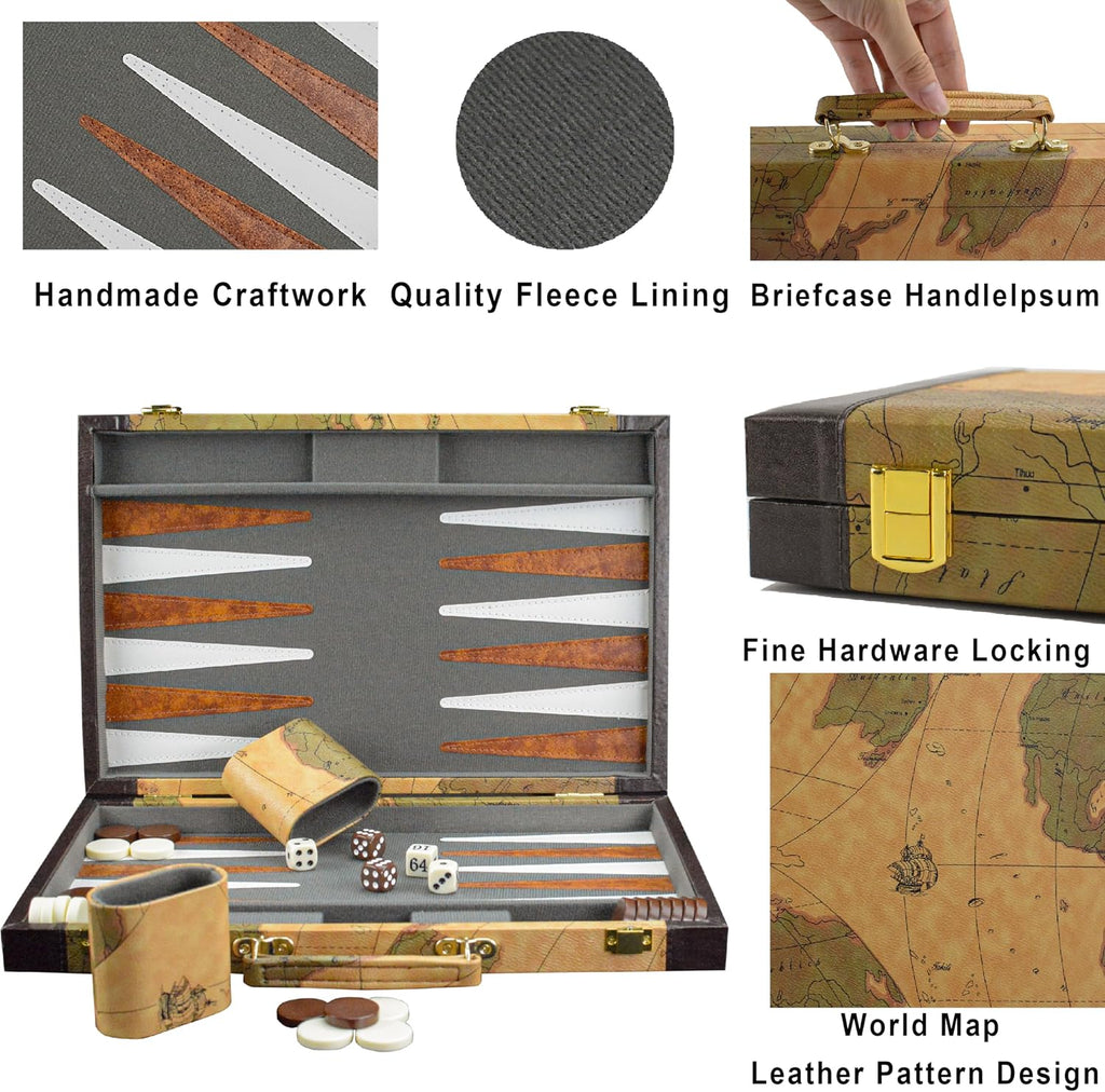 Backgammon, Backgammon Sets for Adults, 15" Leather Travel Backgammon Sets - Classic Board Game (World Map Design)