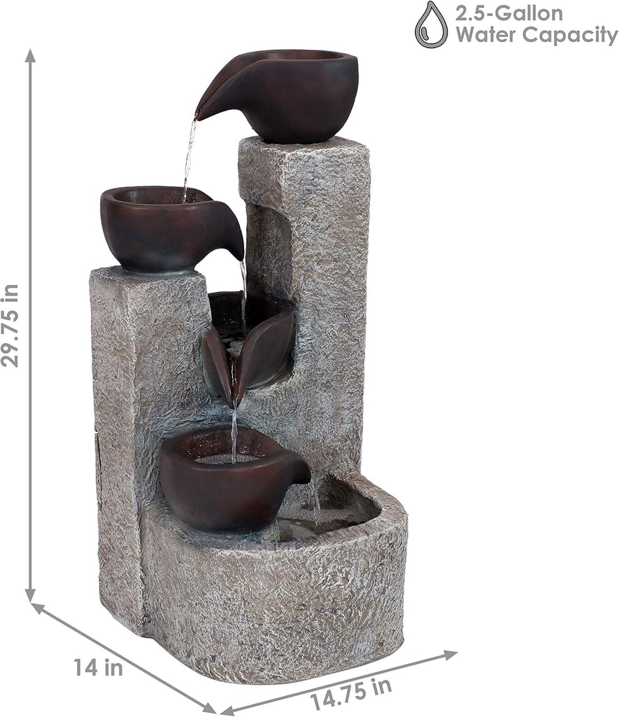 Aged Tiered Vessels 29-Inch Solar Fountain with Battery Backup - Submersible Pump - Polyresin