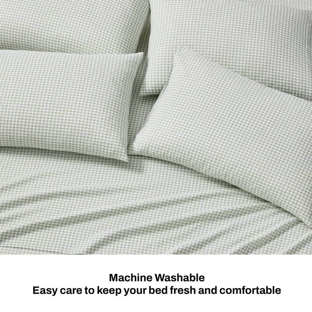 Full Sheet Set - 6-Piece Heather-Hue Gingham Bed Sheets - Sage Green