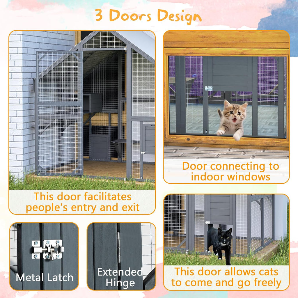 28ft2 Large Outdoor Cat House, Luxury Wooden Walk-in Catio Enclosure with 2 Doors & 2 Hiding Houses, Escape-Proof