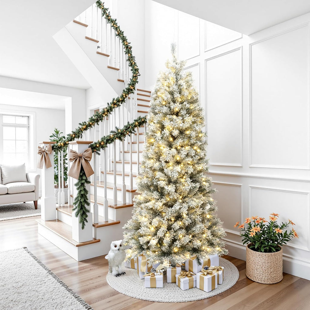 LuxenHome 7FT Prelit Flocked Slim Spruce Christmas Tree