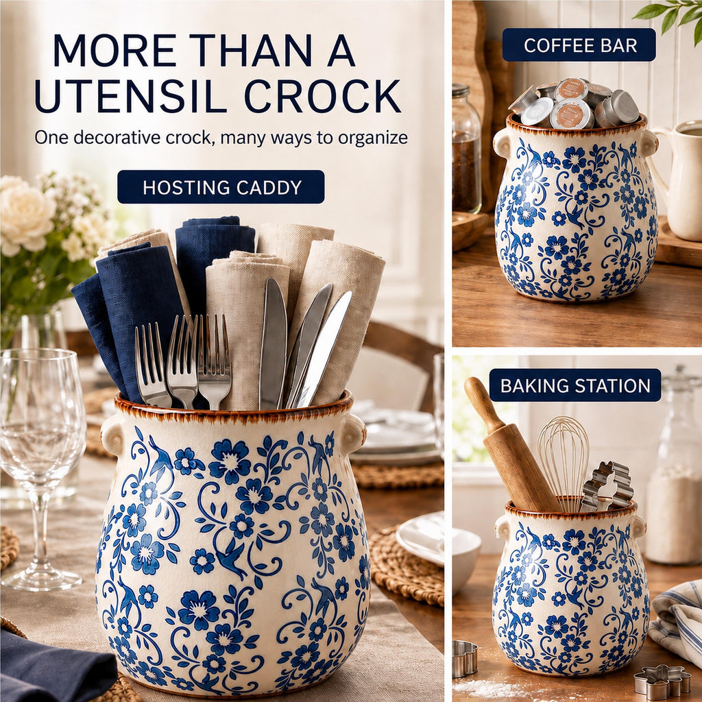 Ceramic Utensil Holder for Countertop, Blue and White Vintage Utensil Crock
