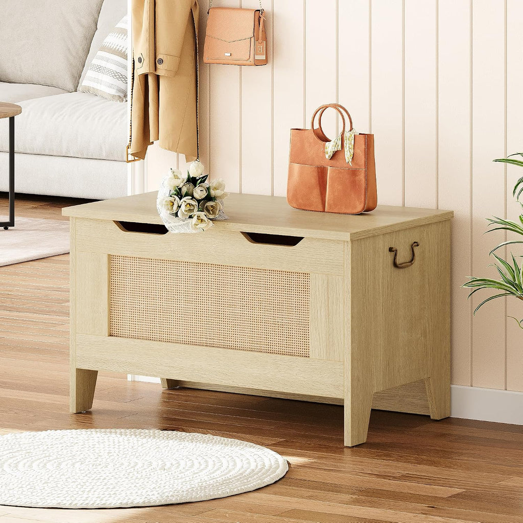 Farmhouse Storage Bench with Seat, 39.4" Wooden Storage Chest with Lid and Safety Hinge, Blanket and Shoe Organizer
