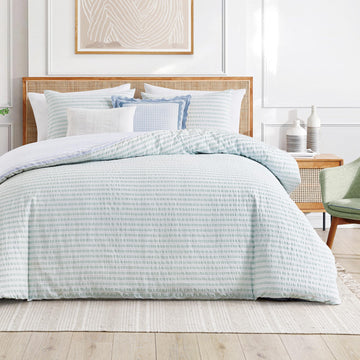 Duvet Cover Set - 100% Cotton - Seersucker Stripe Reversible Design - Includes Shams - 3-Piece - Green/Blue