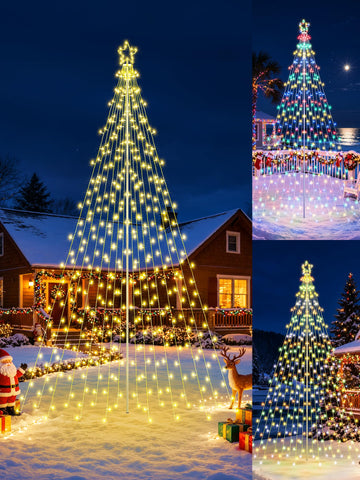Outdoor Christmas Tree Lights with Pole, 16 FT, Warm White and Multicolor