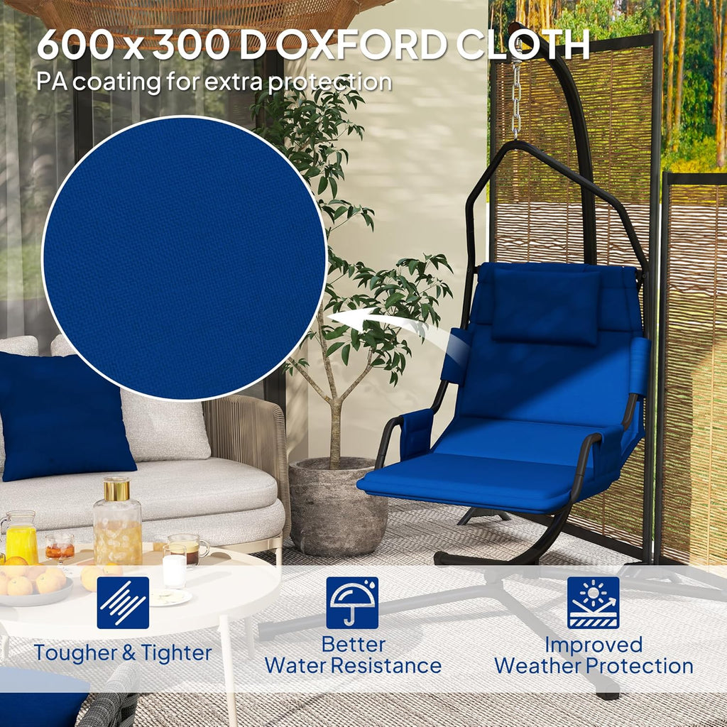 Hammock Chair with Stand, Oxford Fabric Cushion, Chain, Dark Blue | Hammock Swing, Oxford Fabric Cushion, Hanging