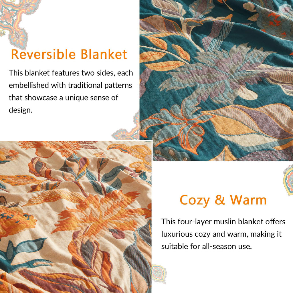 Boho Throw Blanket, 100% Cotton, Woven Floral Pattern, 50"x60"