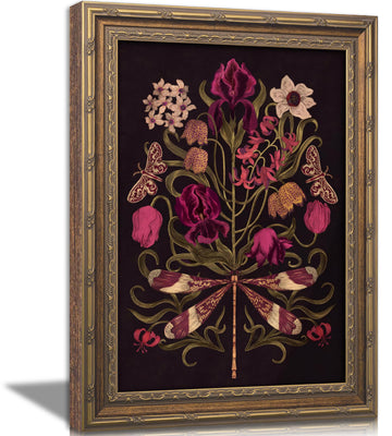 Vintage Gold Framed Gothic Floral Wall Art, Moody Dragonfly Canvas Prints