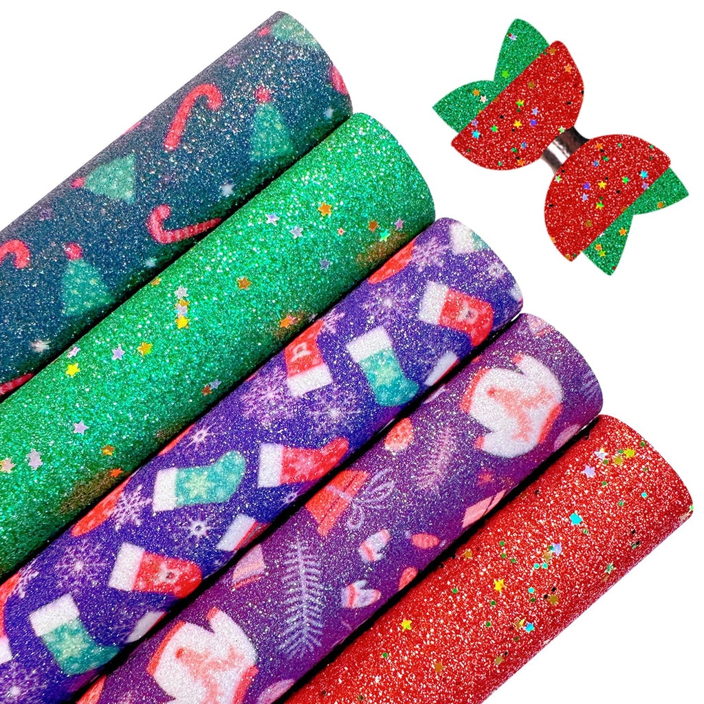 Christmas Snowflake Printed Faux Leather Sheets 8 x 12 Inch, Shiny Fine Glitter Fabric for Bows, Crafts, Earrings
