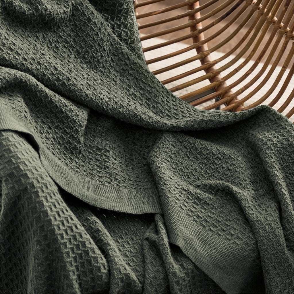 100% Cotton Blanket, Waffle Weave, Queen Size, Olive Green, 90"x90"