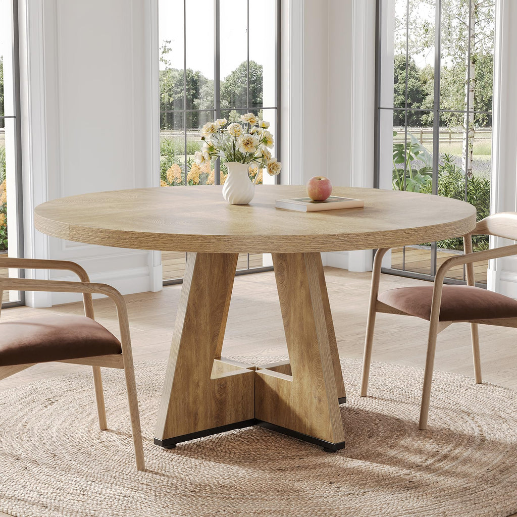 Round Dining Table for 4-6 People, 47 Inches Dining Room Table with Wooden Pedestal Base, Circle Kitchen Tables, Oak