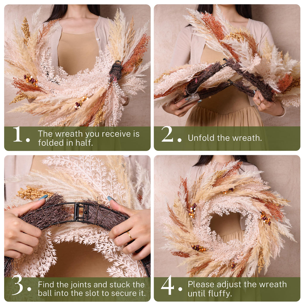 24'' Neutral Fall Pampas Wreath with Lights for Front Door