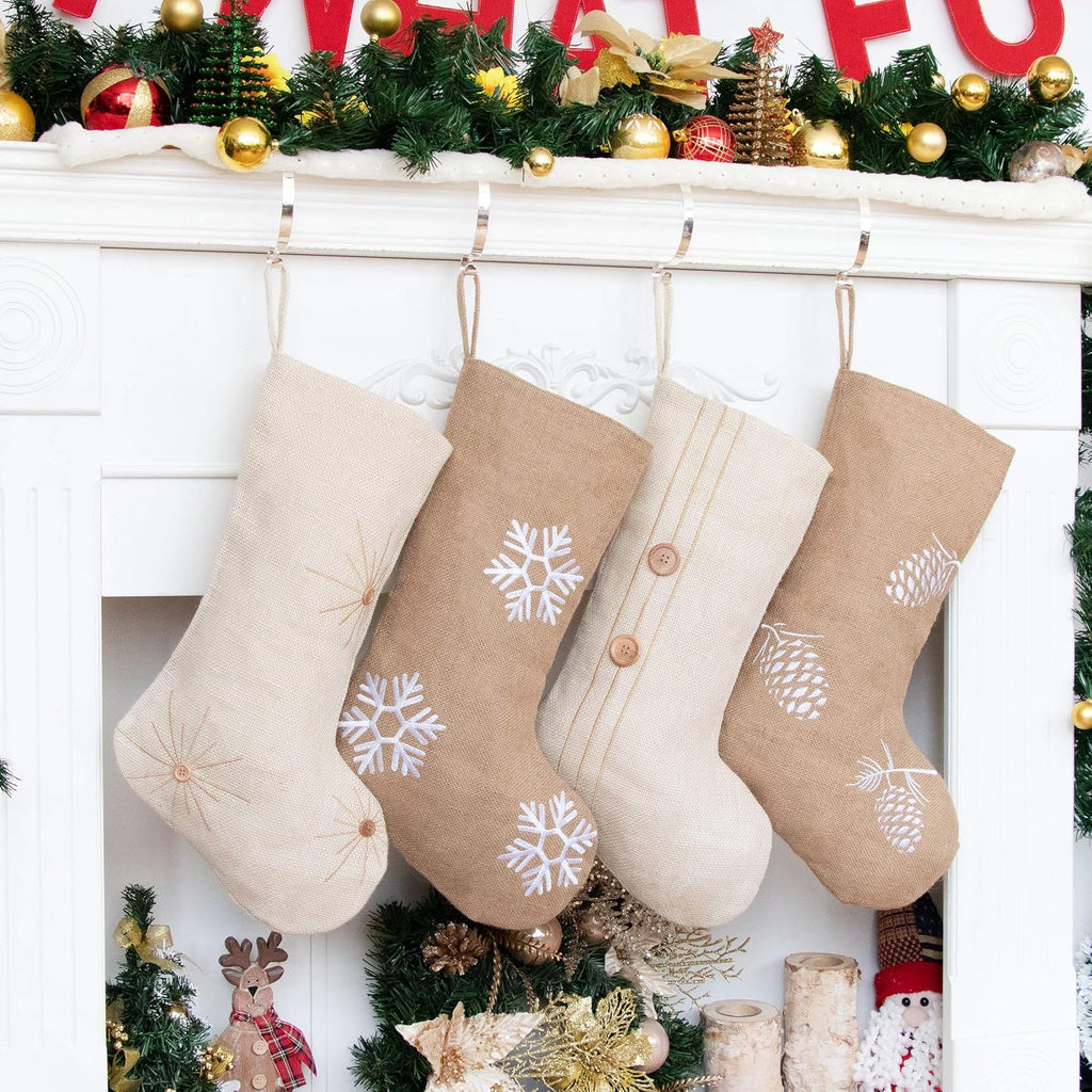 Christmas Stockings 4 Packs for Family 18.5" Large Linen Embroidery Classic Christmas Stockings Burlap Minimalist
