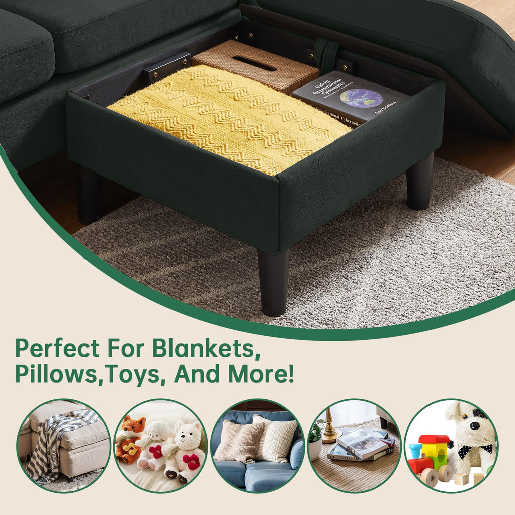 80" L Shaped Couch with Storage Ottoman, Convertible Sectional Couch Set, Modern Linen 3-Seat Sofa with Chaise & Side